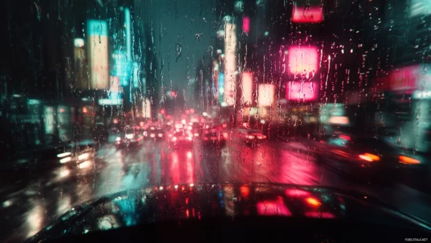 Raining city wallpaper showcasing blurred lights and raindrops on glass.