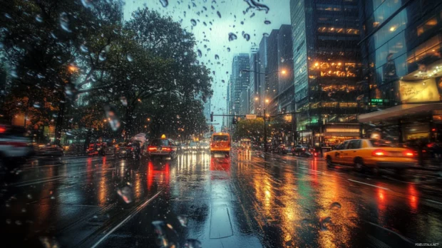 Raining city wallpaper under stormy skies with dramatic lighting.