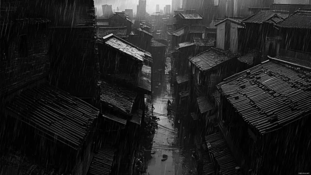 Rainy black city wallpaper with glistening rooftops and street reflections.