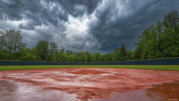 Rainy day baseball with dramatic clouds and muddy bases.