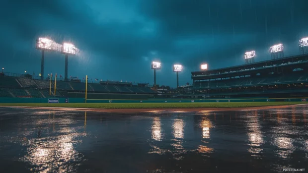Rainy evening in a baseball stadium with lights reflecting on field.