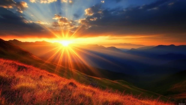 Rays of sunlight pierce valleys and cliffs in a Mountain Sunrise wallpaper.