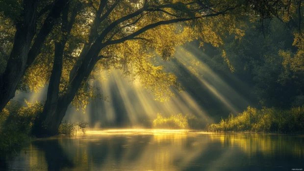 Rays of sunlight stream through towering trees.