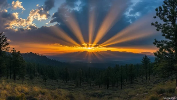 Rays of sunrise forming beams through distant pine trees.