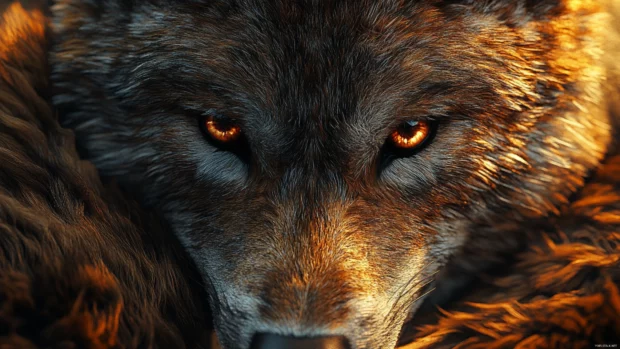 Realistic 3D wolf background with detailed fur texture under dramatic lighting.