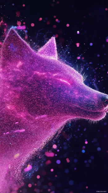 Realistic 3D wolf wallpaper with glowing fur particles floating in slow motion.