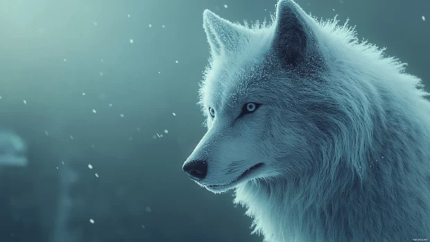 Realistic awesome wolf wallpaper showing a grey wolf with frosted fur and piercing eyes standing in snowfall.