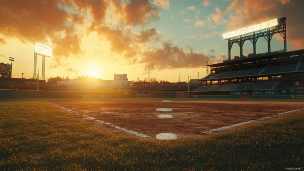 Realistic baseball stadium, cinematic shot of a baseball stadium during golden hour.