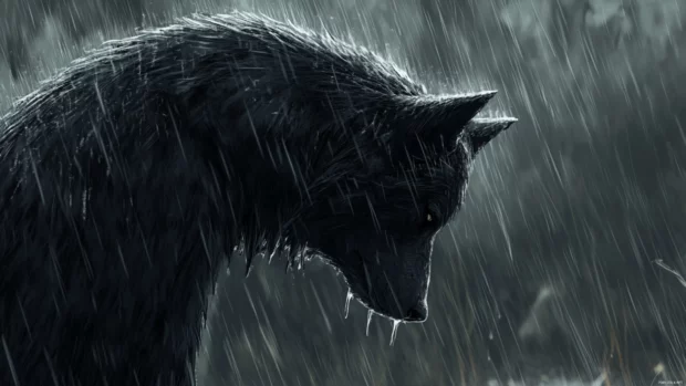 Realistic black wolf wallpaper HD featuring a close up of a wet wolf in the rain.