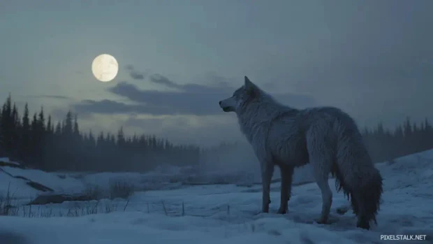 Realistic cool wolf wallpaper where a battle scarred grey wolf growls under a snowy night sky.
