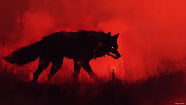 Realistic fire wolf wallpaper with a burning silhouette walking into red mist.