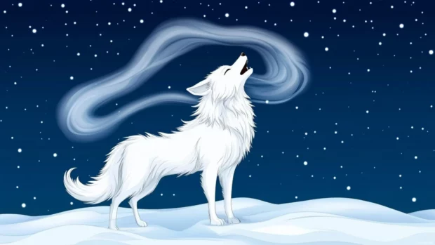 Realistic howling wolf background with visible breath trails under winter night sky.