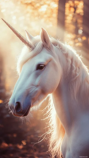 Realistic unicorn wallpaper with fur texture detail and sunlight hitting the horn perfectly.