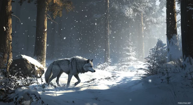 Realistic white wolf wallpaper HD featuring a lone wolf under snowfall in a dense forest.
