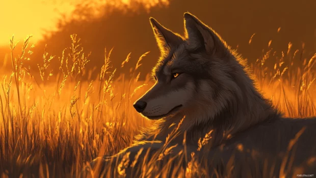 Realistic wolf wallpaper for desktop showing a close up portrait with crisp fur detail and soft golden lighting.