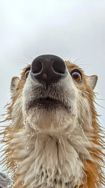 Realistic wolf wallpaper for phone featuring a wet wolf looking directly into the lens under rainy skies.