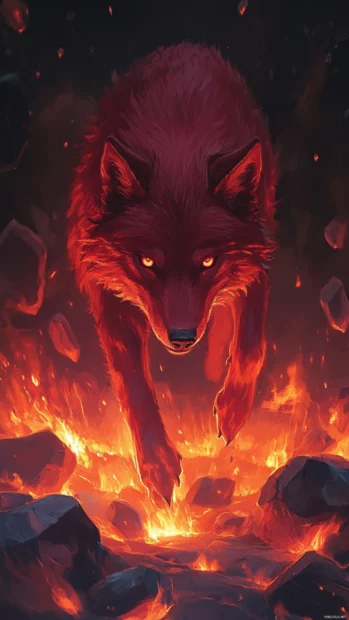 Red wolf iPhone wallpaper showing a sleek crimson wolf leaping between glowing stones.
