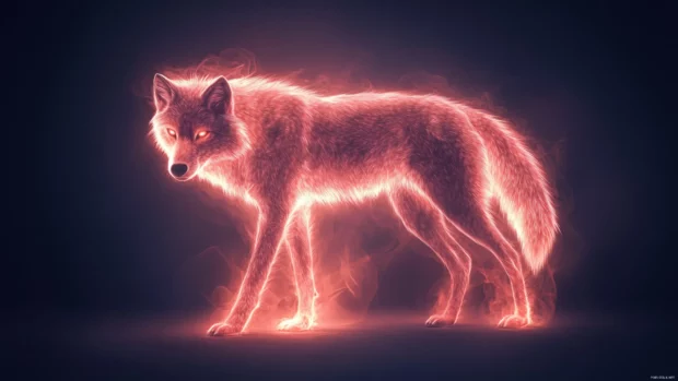 Red wolf wallpaper with a stylized design of a glowing wolf made of flame and smoke.