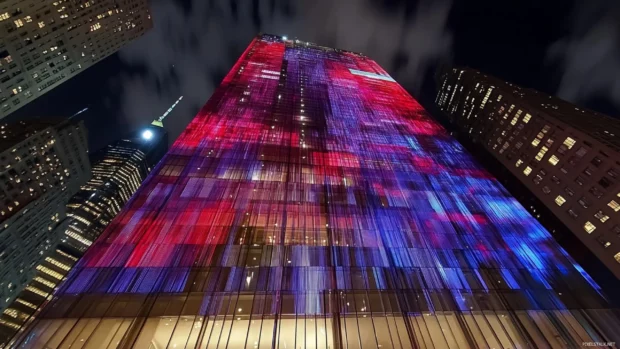 Reflections dance on skyscraper windows under the New York City night sky.
