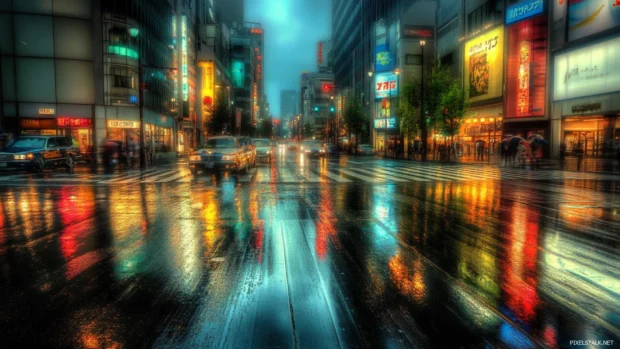 Reflections of Tokyo Cityscape Wallpaper lights on rainy streets.