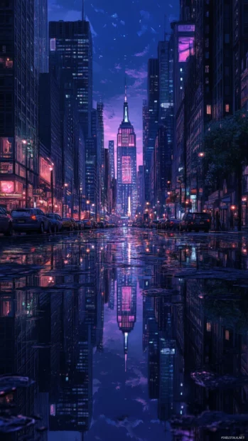 Reflections on puddles enrich the depth of a Dark City Wallpaper at midnight.