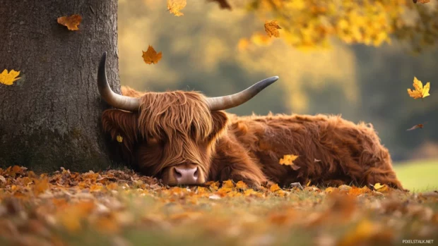 Relaxed Highland cow lying beside a tree trunk with falling leaves.