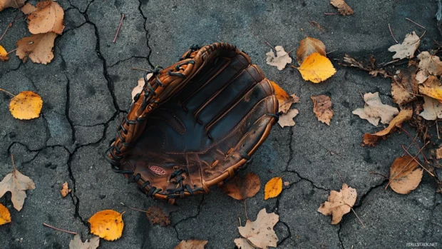 Retro baseball glove on cracked concrete with leaves around.