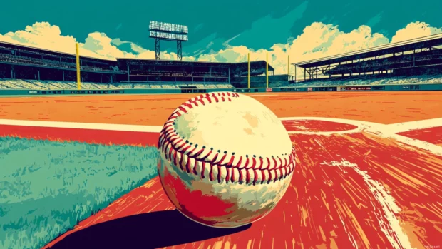 Retro poster style baseball scenery with bold colors and vintage text.
