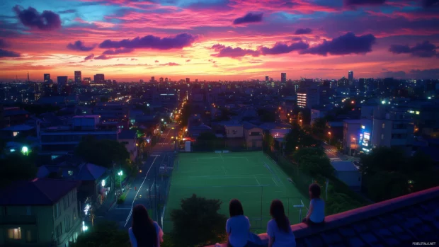 Rich orange pink and purple blend into horizon of vibrant Anime sunset sky.