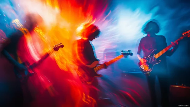 Rock concert scene stylized representation abstract shapes vibrant colors sound waves radiating invisible stage capturing energy live music.