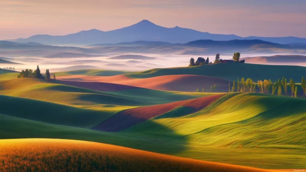 Rolling farmland glows under warm morning light.