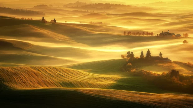 Rolling fields under early light, suitable for a 4K HDR sunrise photo.