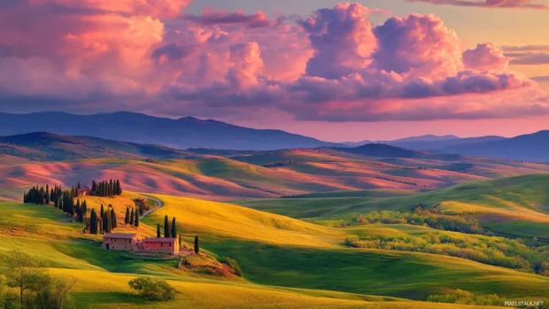 Rolling fields under pastel clouds in Sunrise Wallpaper for Desktop.