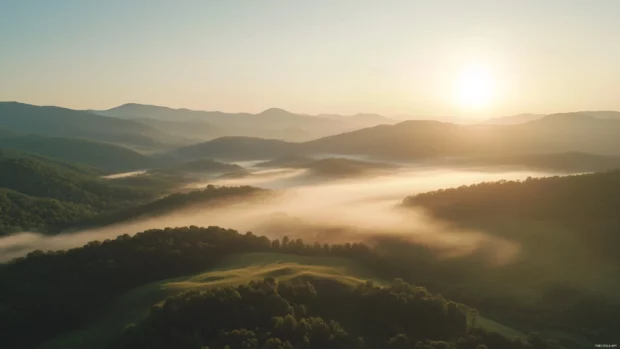 Rolling hills covered in morning sunrise mist.