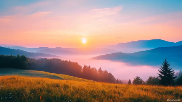 Rolling hills hidden in mist under a radiant sunrise wallpaper with fog.