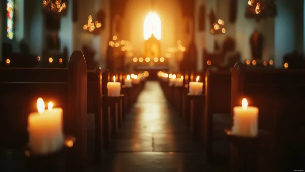 Rows of flickering candles in a dimly lit cathedral, with dramatic shadows and a peaceful atmosphere.