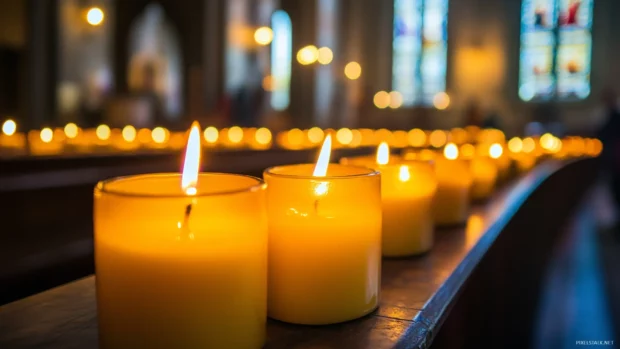 Rows of flickering candles in a dimly lit cathedral, with dramatic shadows and a peaceful atmosphere.