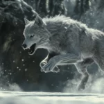 Running wolf wallpaper featuring a gray wolf dashing through a snowy forest, muscles tense and powerful.