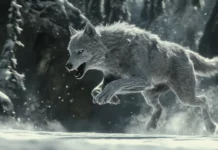 Running wolf wallpaper featuring a gray wolf dashing through a snowy forest, muscles tense and powerful.