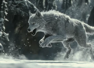 Running wolf wallpaper featuring a gray wolf dashing through a snowy forest, muscles tense and powerful.