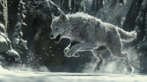 Running wolf wallpaper featuring a gray wolf dashing through a snowy forest, muscles tense and powerful.