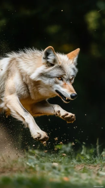 Running wolf  wallpaper showing a mid jump scene with motion streaks and fierce expression.