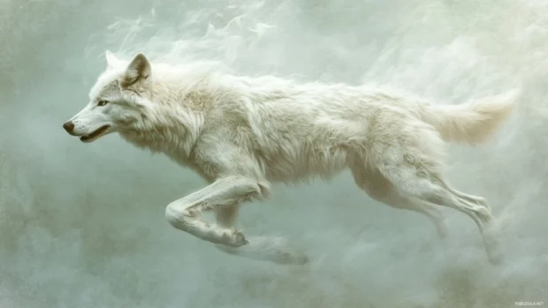 Running wolf wallpaper showing a white wolf running through mist with particles swirling around.