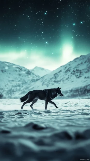 Running wolf  wallpaper with a sleek black wolf sprinting under northern lights in a snowy valley.