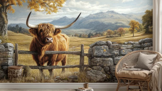 Rustic Highland cow wallpaper with cow standing beside an old stone fence.