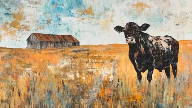 Rustic farm cow looking into the distance.
