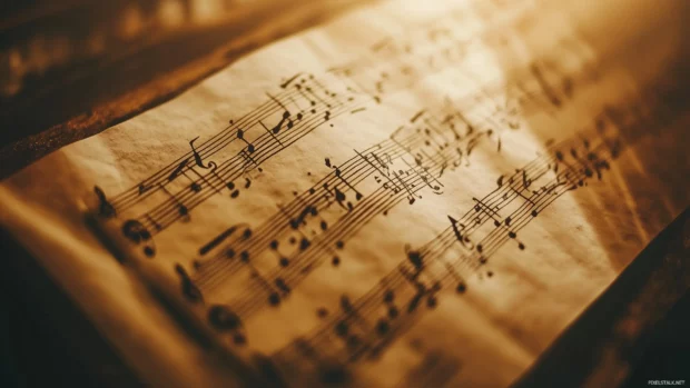 Rustic wooden table beautifully handwritten sheet music close up shot delicate shadows and warm light illuminating notes and lyrics.