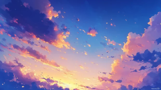 Scattered clouds reflecting last rays sunlight serene evening sky golden hues to deep indigo.