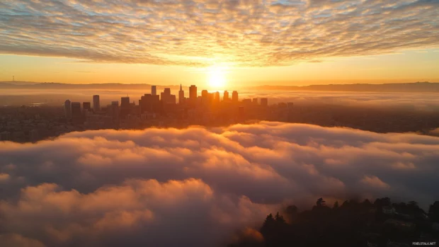 Scenic sunrise cloudscape merging with a peaceful skyline, perfect for Sunrise Desktop Wallpaper with Clouds.