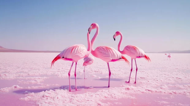 Scenic wallpaper featuring flamingos under a cotton candy sky.